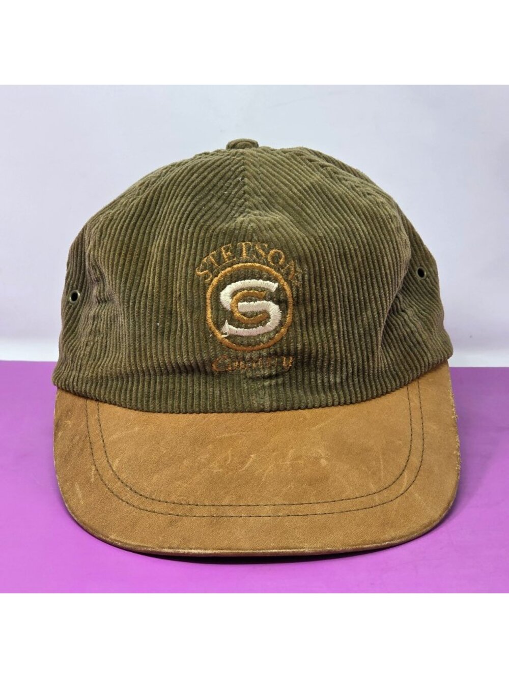 Stetson Country Corduroy & Leather Strapback Cap Olive Brown Vintage‎ Hat